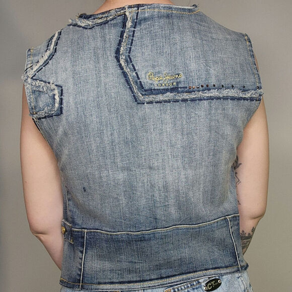 Y2k Pepe Jeans Streetwear Star Patchwork Rhinestone Distressed Denim Vest Sz Sm - Picture 7 of 9